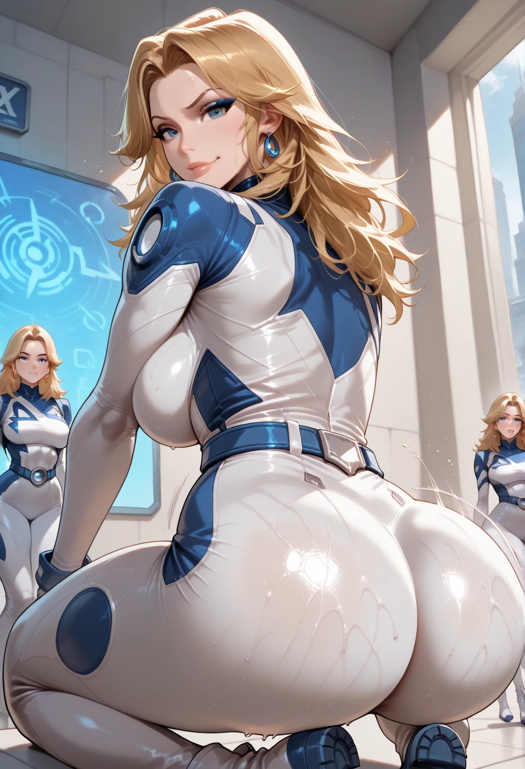 1girls,Female Star Warrior,Delicate and beautiful face,blushing face,Blue pupils,The lips open slightly,HAIR LOIRO,High ponytail,Busty boobs,Convex buttocks,Dressed in a blue bodysuit,High-tech combat boots,Armed with a firearm,Weapons of the future,perfectly proportioned,samus aran,Detailed clothing details,space station,Interstellar battlefield,High-tech scene,detailed backgorund,high quailty,master-piece,8K,
