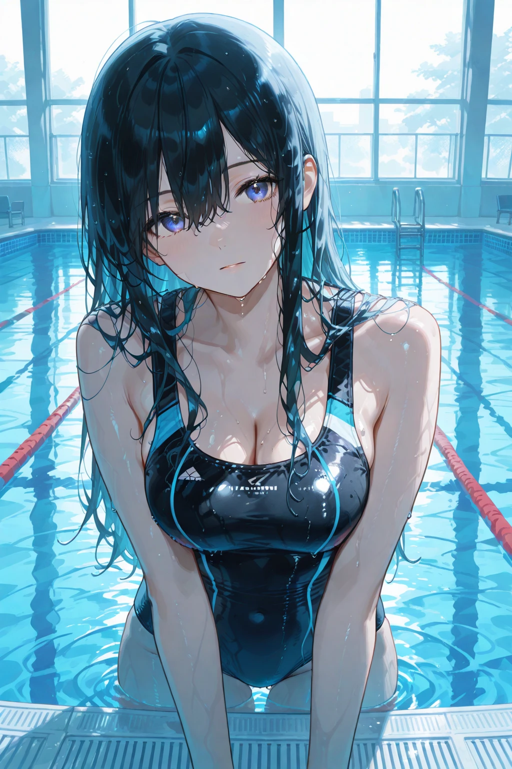 Absurd, Super detailedな,(In 8K:1.3),Masseter muscle area,(masterpiece:1.2)、(Highest quality)、4K、Super detailed、(Movement Structure:1.4)、(Shining Lights、Atmosphere lighting), High resolution, Best Quality、(One girl:1.4),Super detailedな,Bright colors、Treebreak Production Art、(Warm color light source:1.2),High-level image quality、Fine image quality、Intricate details,Volumetric Lighting,Realism BREAK、Profile、 Idol face、15 years old、Very beautiful face and eyes, Beautiful images、
natural make up、puffy eyes、catchlight eyes、deep detailed eyes、
(Small breasts:1.2)、(glossy skin :1.5),
(light blue hair,short hair、blunt bangs、ponytail、wet hair),
(Be embarrassed:1.4),
(A school swimsuit with a vivid texture:1.3),
(super wet skin:1.2) 、(Breast bag)、 (School swimming pool),(Baby Face:1.5)