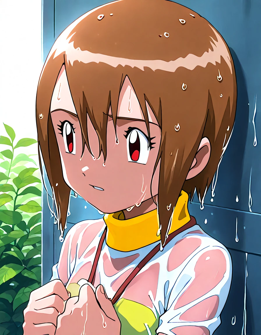 score_8_up, score_7_up, source_anime, anime screencap,
digimon, hikari, brown hair, brown eyes, short hair, yellow shirt, sleeveless, pink scarf, pink shorts, white socks, red sneakers, whistle,open mouth, cum on face, cum in mouth, cum on tongue, closed eyes, on knees, from above, penis, semen trail, close-up of face, pov, male masturbation, 1boy, 1girl,