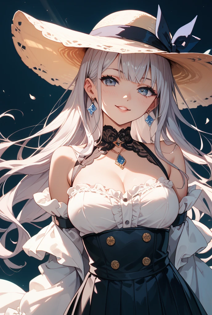There is one cute girl with long white hair, red eyes, a white bunny girl outfit, and a big chest.VBunny girl outfit with a large opening Please reduce the amount of fabric in the outfit Bunny girl outfit that covers the belly button Red ribbon around the neck Small pocket watch on the right side of the waist (Put a big white top hat on me) Put bunny ears on the top hat, put lots of small pocket watches on the side of the top hat, draw him facing forward from the waist up, and make the background blue.