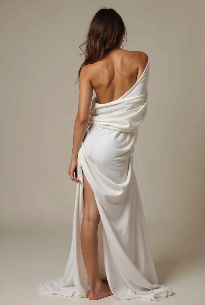 araffed woman in a white gown posing for a picture, nico wearing a white gown, flowing dress, wearing a toga, dress open, wearing toga, flowing white gown, wearing a white flowing dress, white sarong, wearing a wet white short dress, white gown, long white gown, revealing stylish dress, wearing white gown, wearing a white gown