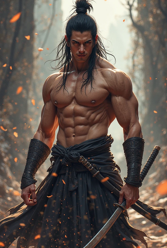 A black samurai, shirtless with a sword and robotic arm 