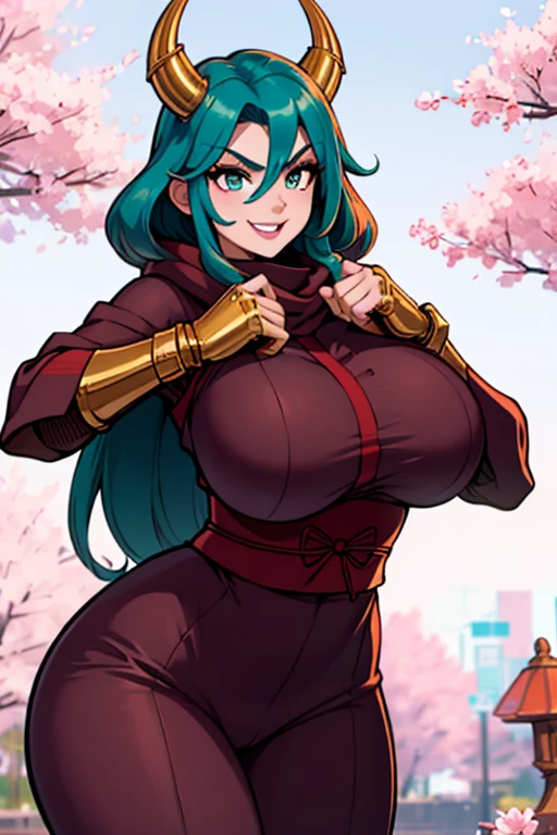 (masterpiece, highest quality:1.1), ryouko_(tenchi_muyou!), 1 girl, alone, big hair, blue hair, spike hair, pointed ears, red earrings, puffy sleeves, pelvic curtain, yellow eyes, big breasts, Jacket, long sleeve, choker, red gloves, sash, Red pantyhose, retro artstyle,, huge breasts, slut,Happy, sharp teeth, victorian cloth,,  butler, vest, coat,long skirt, flipflops
