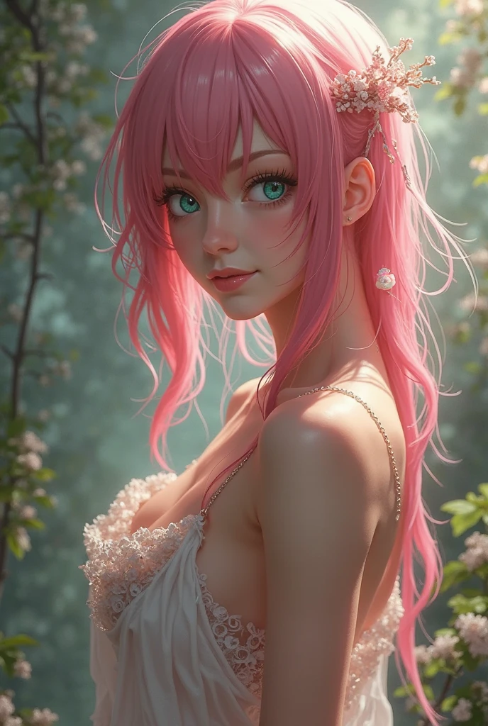 (masterpiece, best quality:1.4), (8K), Young blonde beauty, (((18 years old, neat girl))), detailed blue eyes, long eyelashes, blush, kind smile, horny, upper body, topless, small ass, slender thin legs, shaved pussy, (looking at viewer), (close up), beautiful blonde hair, white-skinned, (bangs:1.3), ponytail, (medium size breasts), (mushroom forest, celestial forest, beautiful and magnificent pink sunshine, majestic sky), natural light, pastel colors)