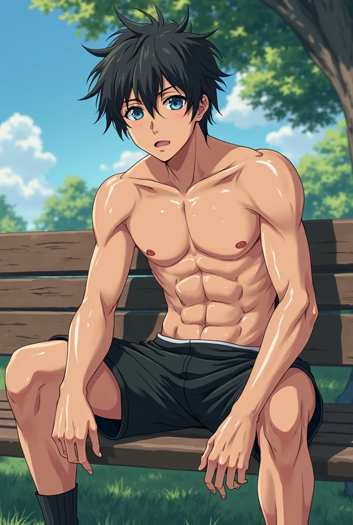high quality, detailed, Realistic, (one 16 years old japanese boy), (detailed black eyes), (abs:1.5), (shiny skin), detailed nipples, black short hair, (black tiny thong), (erected bulge), summer noon, (smile:0.7)