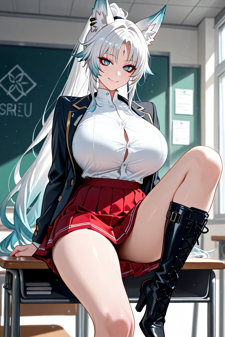 Hentai-Stil, Vampir-Lehrerin, schwarzes Leder-Outfit, kurzer Rock, legwear, White hair, Rote Augen, in a classroom, holding a letter in one hand, big boobs, big ass, NSFW