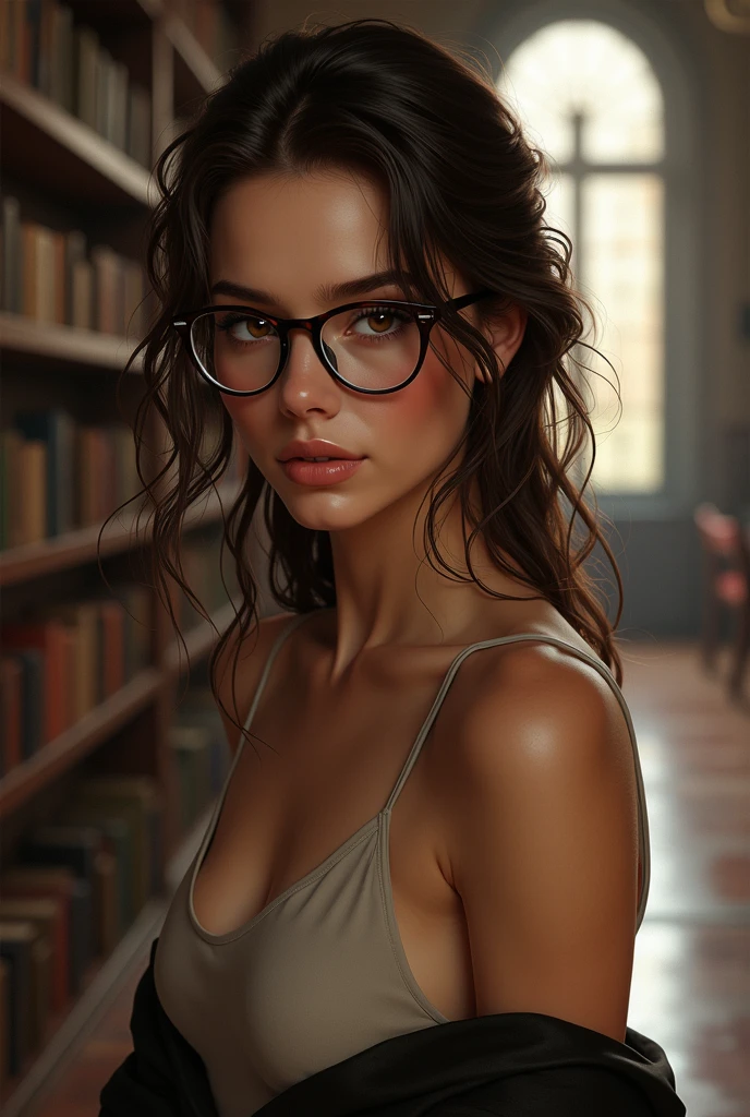 splease draw me some sexy cool uppercasee letters dressed with knit、mini skirt、beautiful mature woman、ponytail、buttocks emphasis on dancing on the table in an old bookstore, use 4k, hdr and everything in best quality with highest details.