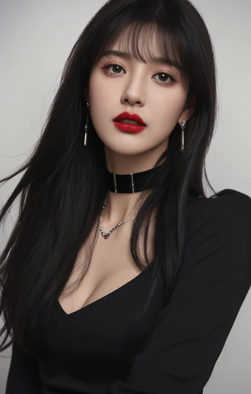 Best quality, masterpiece, ultra high res, (photorealistic:1.4), raw photo,1girl, solo, realistic, looking at viewer, upper body,simple red background, black dress, big breast, revealing breast