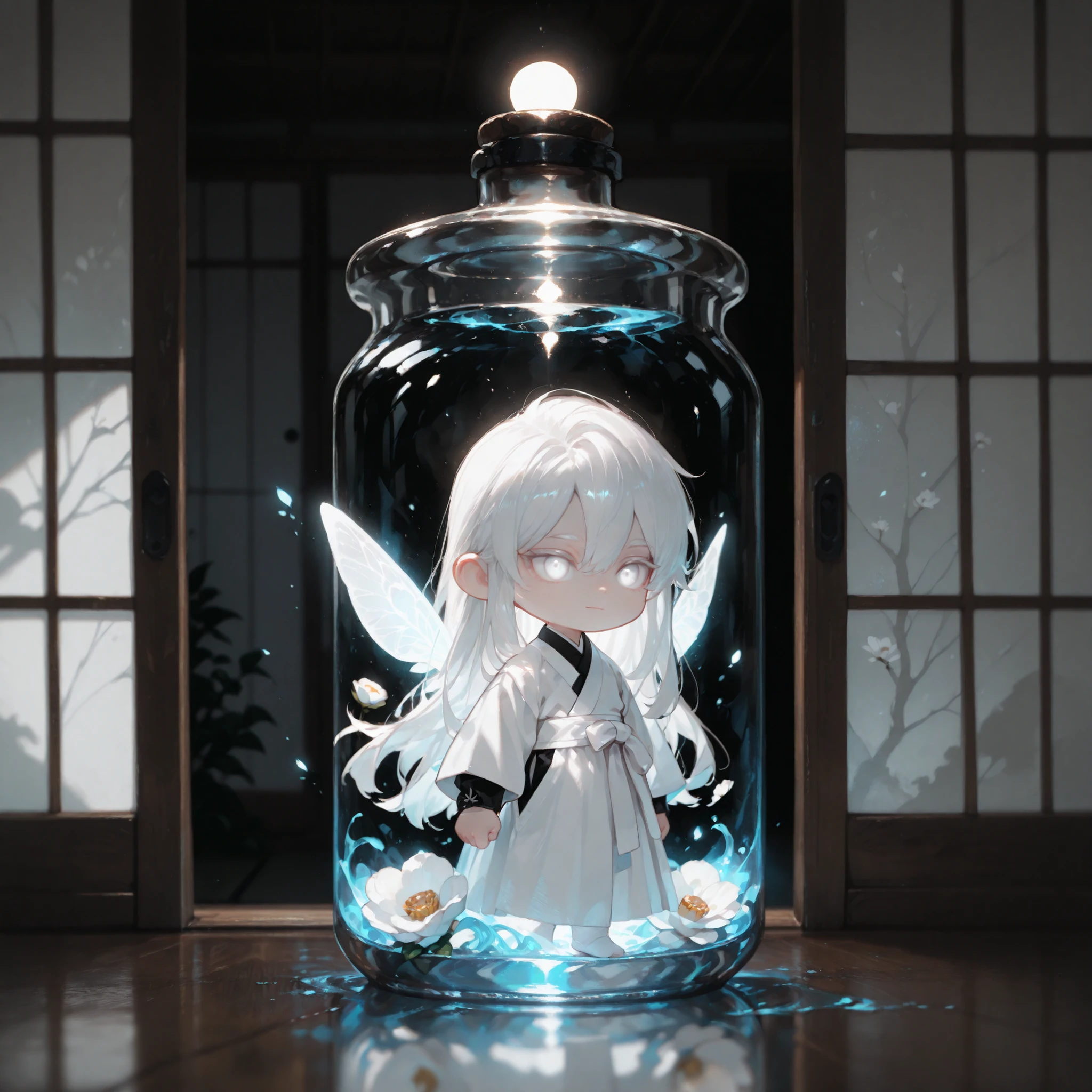 (masterpiece, high quality, ultra-detailed), chibi, solo, 1 boy, close-up, cinematic lighting, dramatic,

male fairy, handsome, long hair, hip-length hair, white hair, white eyes with black outlines, detailed eyes, soft smile, magically glowing wings, traditional korean male outfit, white hanbok with black point, white camellia,

Inside a sealed transparent round glass bottle, glowing liquid inside, Fairy in a bottle

Background is oriental sliding door