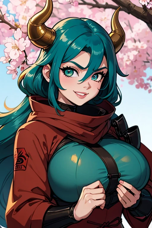 china guardian dragon woman with green eyes, red horns and jade hair with a big moth 