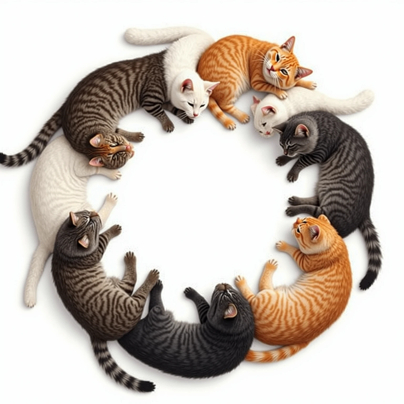 realistic circular frame made of multiple cats forming a ring, various breeds and fur patterns: tabby, calico, white, black, gray, and orange cats, all curled or sitting in a circular formation around a completely blank center, some with eyes open, others sleeping peacefully, fluffy tails and paws slightly overlapping into the circle, white background, photo-realistic style, soft lighting and natural shadows, playful and cozy atmosphere, cats arranged with organic asymmetry, each cat has a unique pose and expression, high-resolution digital art with a warm and cute aesthetic