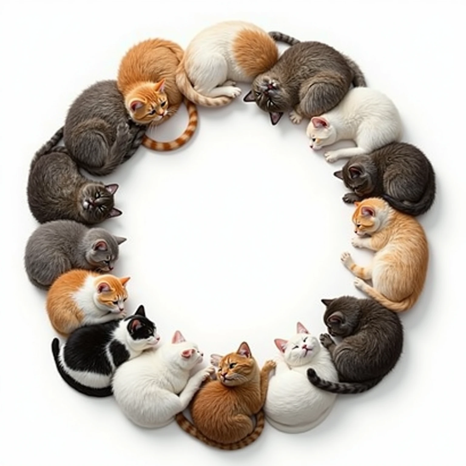 realistic circular frame made of multiple cats forming a ring, various breeds and fur patterns: tabby, calico, white, black, gray, and orange cats, all curled or sitting in a circular formation around a completely blank center, some with eyes open, others sleeping peacefully, fluffy tails and paws slightly overlapping into the circle, white background, photo-realistic style, soft lighting and natural shadows, playful and cozy atmosphere, cats arranged with organic asymmetry, each cat has a unique pose and expression, high-resolution digital art with a warm and cute aesthetic