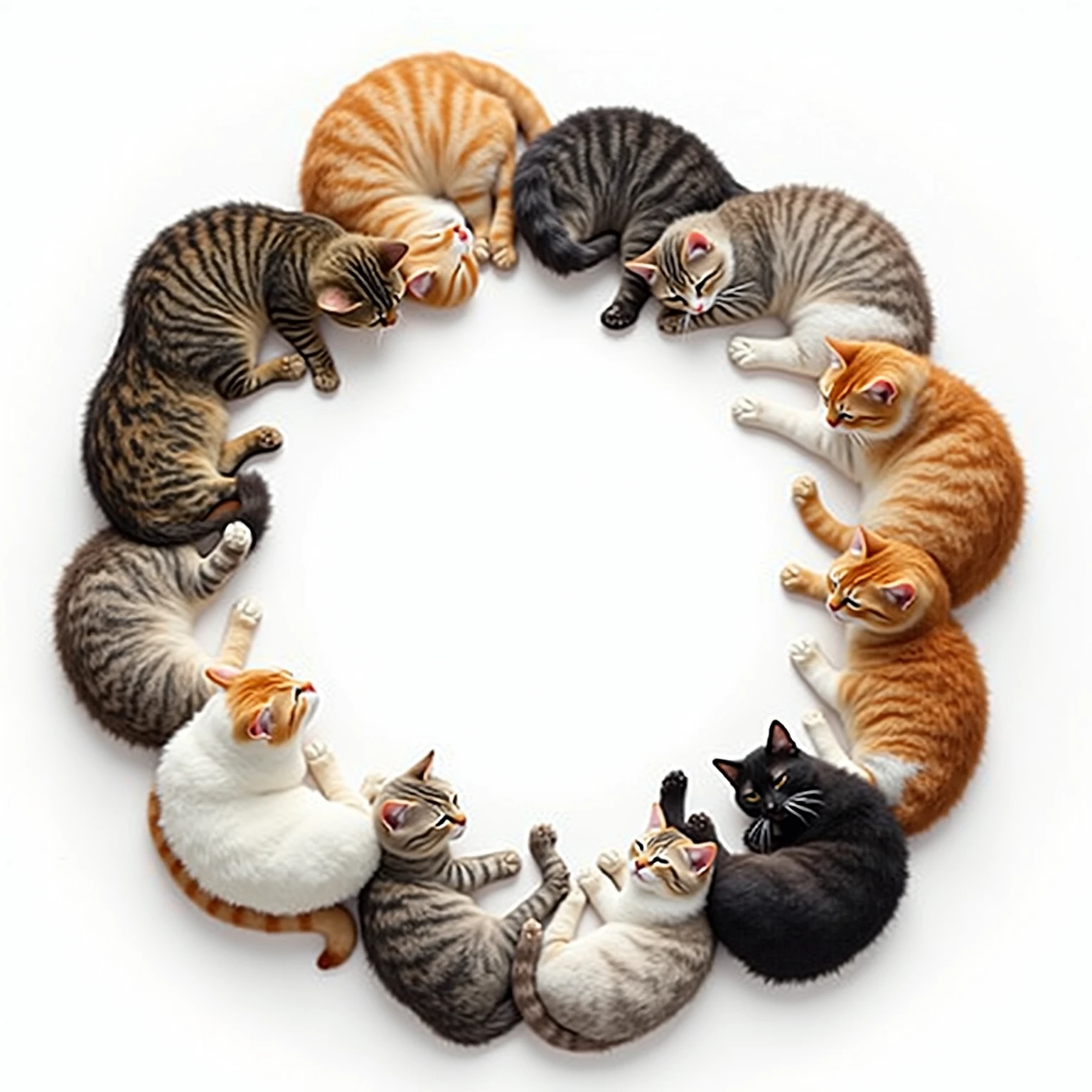 realistic circular frame made of multiple cats forming a ring, various breeds and fur patterns: tabby, calico, white, black, gray, and orange cats, all curled or sitting in a circular formation around a completely blank center, some with eyes open, others sleeping peacefully, fluffy tails and paws slightly overlapping into the circle, white background, photo-realistic style, soft lighting and natural shadows, playful and cozy atmosphere, cats arranged with organic asymmetry, each cat has a unique pose and expression, high-resolution digital art with a warm and cute aesthetic