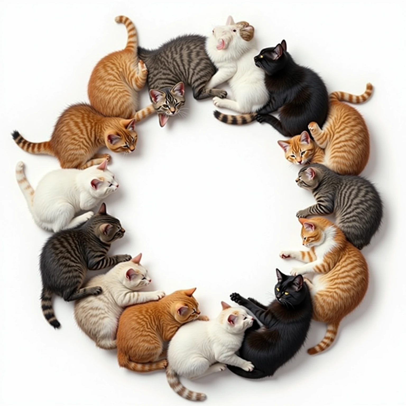 realistic circular frame made of multiple cats forming a ring, various breeds and fur patterns: tabby, calico, white, black, gray, and orange cats, all curled or sitting in a circular formation around a completely blank center, some with eyes open, others sleeping peacefully, fluffy tails and paws slightly overlapping into the circle, white background, photo-realistic style, soft lighting and natural shadows, playful and cozy atmosphere, cats arranged with organic asymmetry, each cat has a unique pose and expression, high-resolution digital art with a warm and cute aesthetic