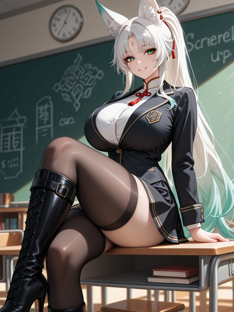 silver-haired girl, red eyes, medium breasts, sexy body, long-sleeved  ((buttoned))((detail)), graceful position , ((Classroom background)), With (( miniskirt and stockings)),((wearing tie))