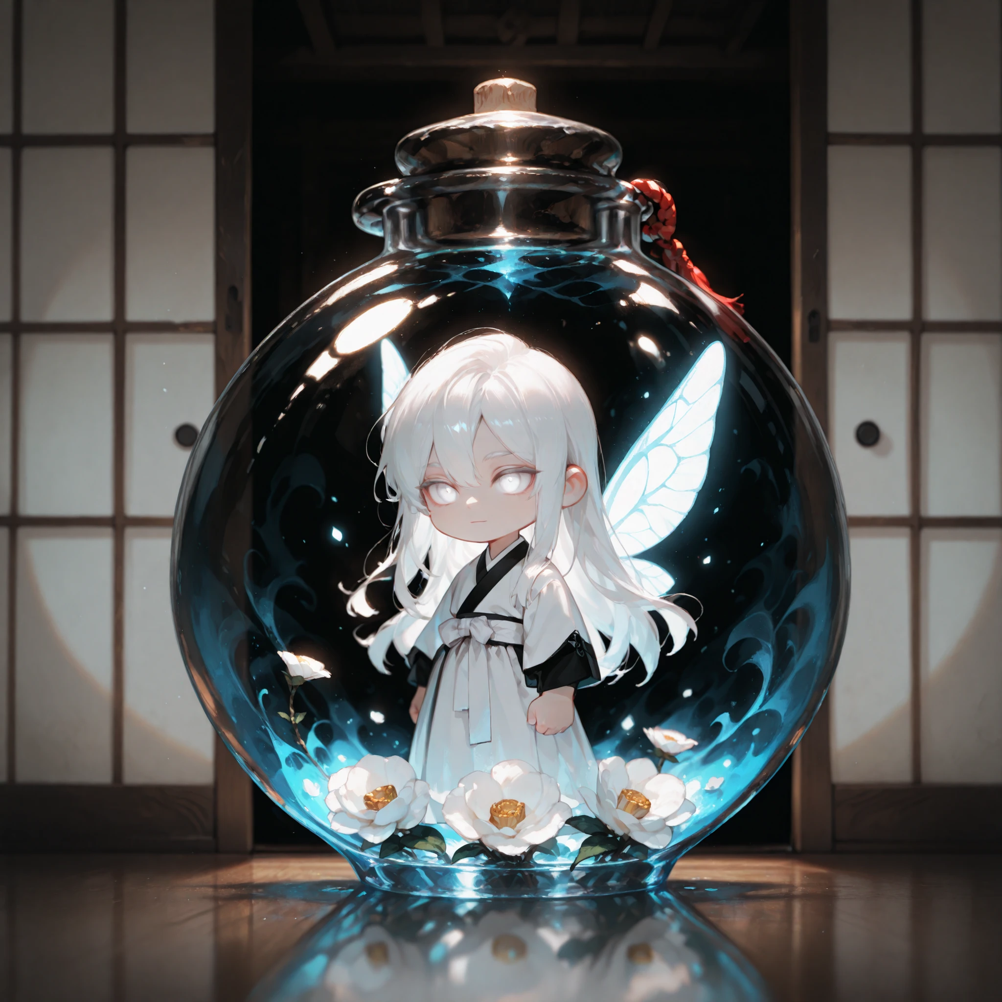 (masterpiece, high quality, ultra-detailed), chibi, solo, 1 boy, close-up, cinematic lighting, dramatic,
male fairy, handsome, long hair, hip-length hair, white hair, white eyes with black outlines, detailed eyes, soft smile, magically glowing wings, traditional korean male outfit, white hanbok with black point, white camellia,
Inside a sealed transparent round glass bottle, glowing liquid inside, Fairy in a bottle
Background is oriental sliding door