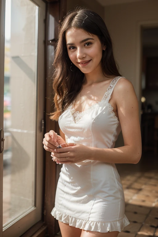 arafed woman in a white dress posing in a restaurant, sexy dress, beautiful silky dress, wearing white dress, white silky outfit, white dress, pretty white dress, opened dress, dressed in a beautiful white, low cut dress, wearing a cute white dress, wearing an elegant dress, portrait sophie mudd, dressed in white, wearing stunning ivory dress