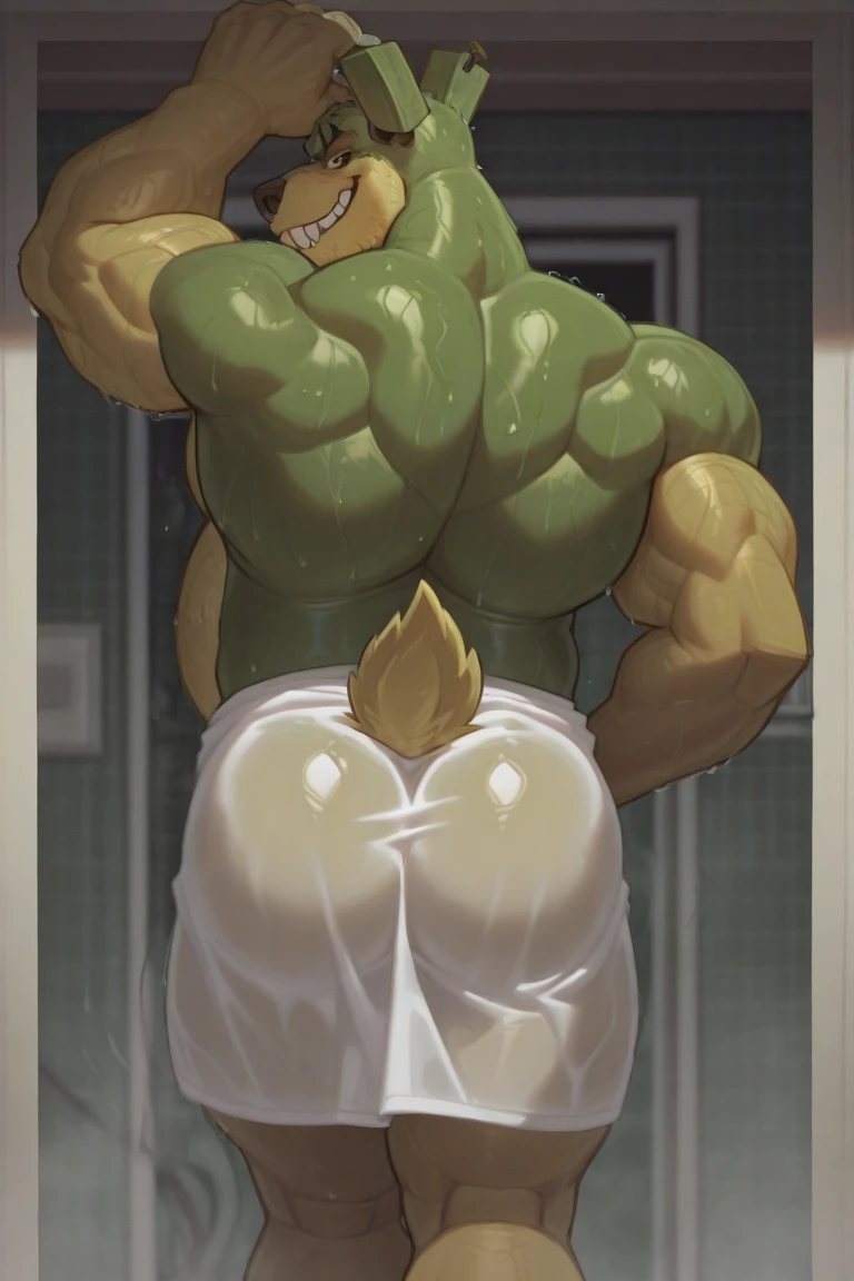 score_9, score_8_up, score_7_up, solo, male focus, muscle male, oversized orc, green skin, tusks, beard , full body , ashamed face , laying spread legs , (( black micro tight shorts )) , big ass , ((( tentacles bondage ))) , backside , back side , low-angle