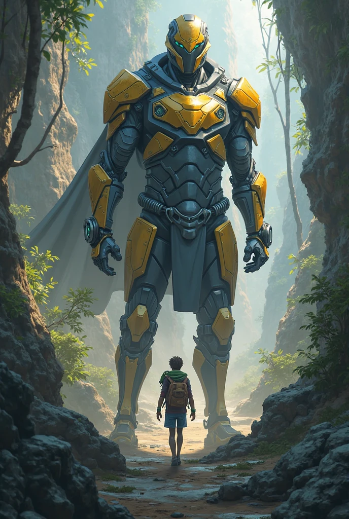 (magic the gathering) chrome black and gold mech with a kid prodigy pilot sitting on his shoulder