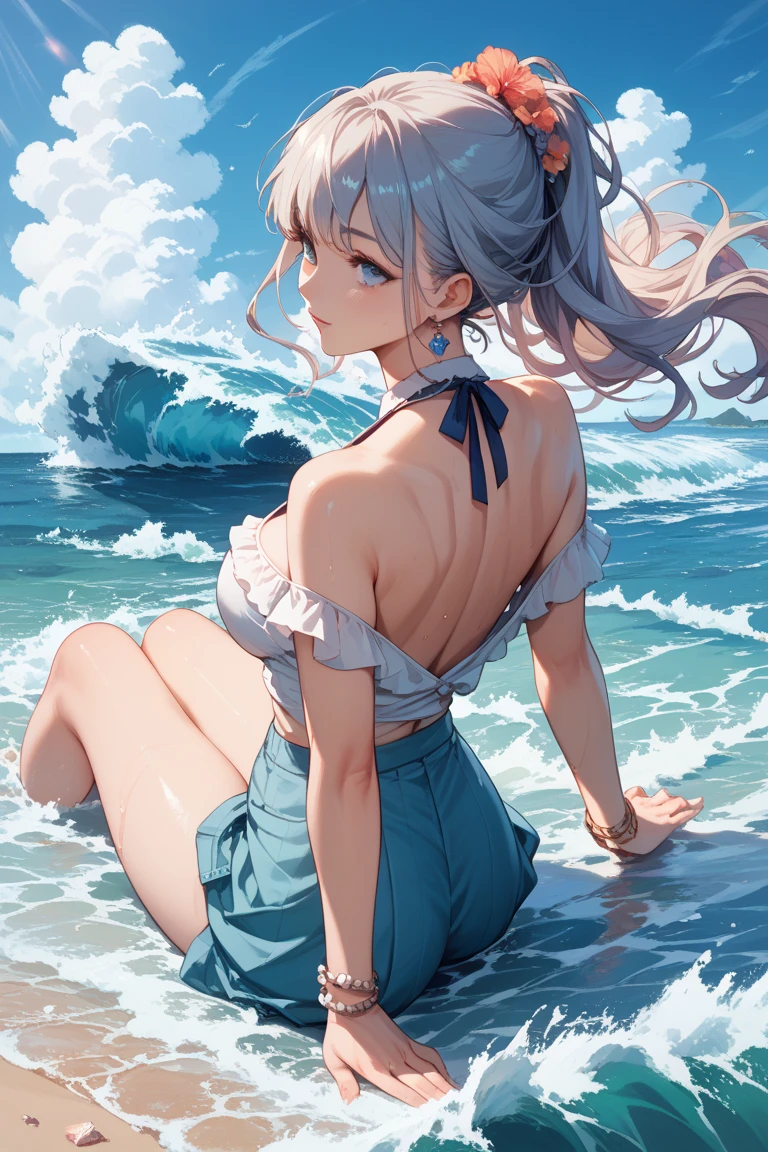 (Vulgar,nsfw),silver blue hair,((butts and back focus,looking back)),
(skirt lift,very windy),(beautiful elegant white panties),very low angle,from below),((masterpiece, highest resolution,best quality)), (beautiful illustration), ((Kamisato Ayaka in Genshin Impact)), ((semi long beautiful silver blue hair,blunt bangs,pony tail,beautiful blue eyes)),(solo),(beautiful elegant office blouse and black skirt,skirt lifted by the wind),(looking at the viewer), (walking around the beach,),
(innocent smile, Embarrassed),(white over-kneehighs,Lace chalker, wristband, fingerless gloves, over-kneehighs,
Lace chalker, diamond necklace,wristband, fingerless gloves, earrings), (cinematic lighting, very windy),beach, sand, blue sky, waves, coconut tree,fish,boat,sea gull,(from the ground),(beautiful elegant Underwear patterns),