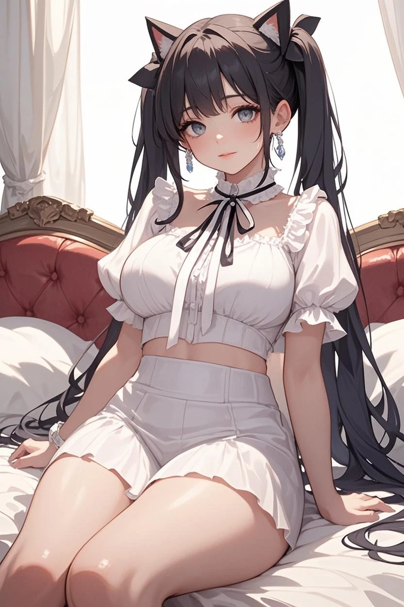 Frankie, solo, 1girl, Caucasian woman, late 30s, very long straight black hair, high ponytail at back, overweight, chubby, very large heavy breasts, fake tan, heavy eye shadow, mascara, eye contact, corset, linen blouse
