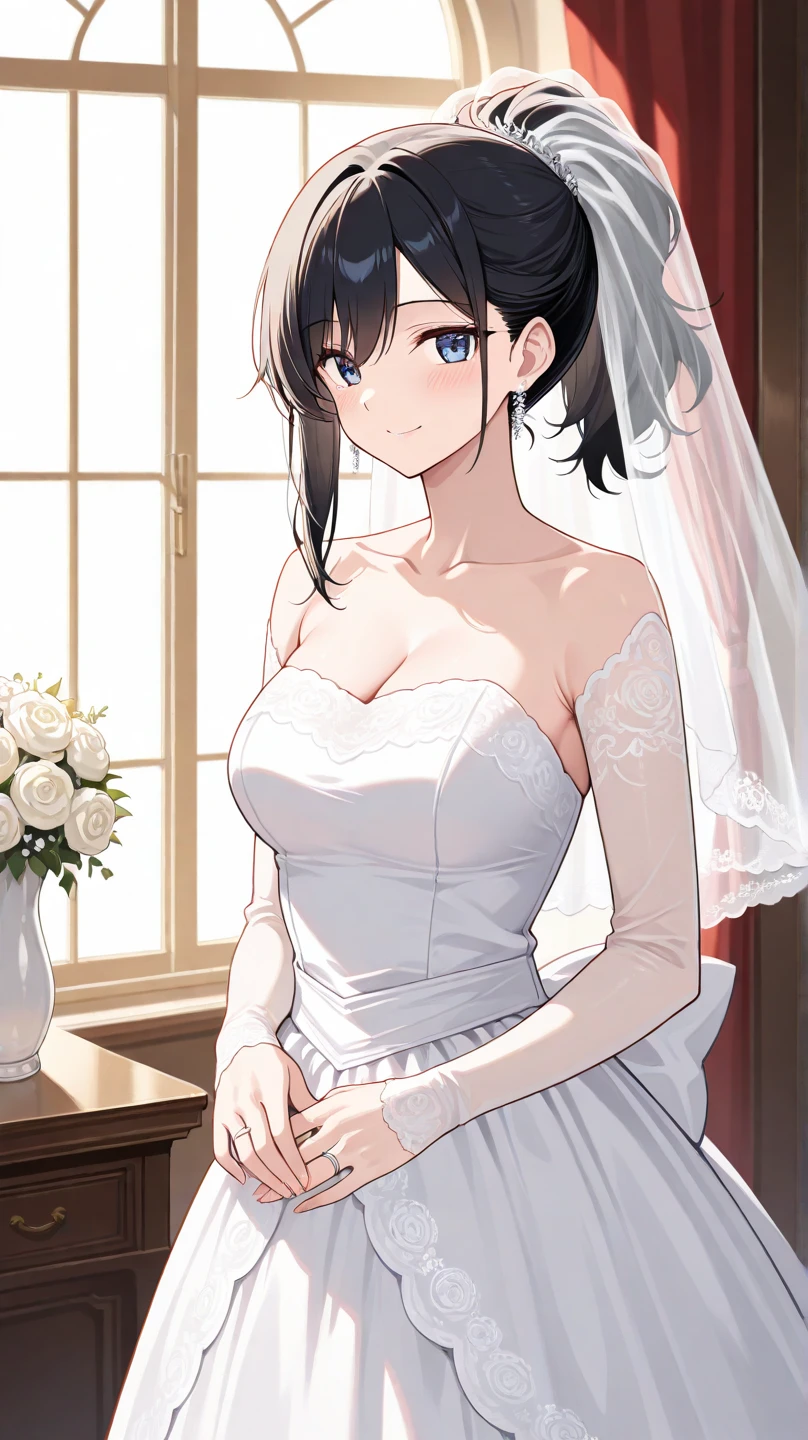 (masterpiece, best quality:1.5), (ultra detailed, high resolution, 8k, beautiful detailed, UHD, best anatomy), 1 cute girl, black hair, medium breasts, wedding dress, bridal veil, flower, wedding hall, Happy face