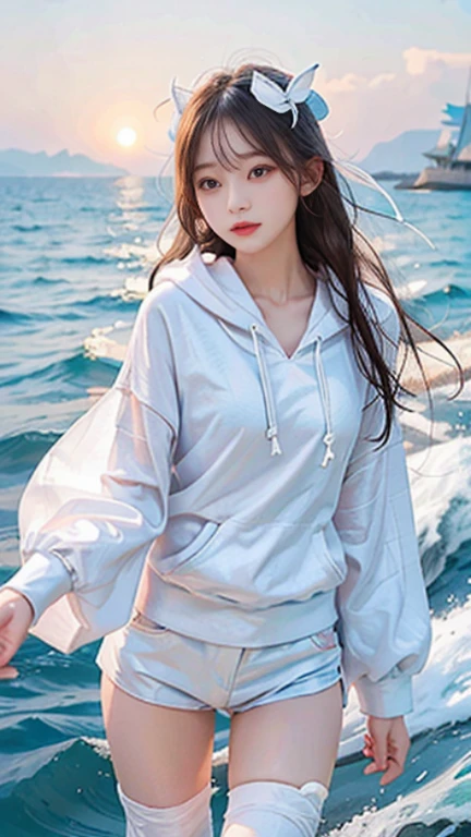 In the clear blue sea、Wearing a white hoodie fluttering in the wind、A woman in shorts、Standing on the waves。Her hair is long、Shine white、Swaying with the waves。Red Eyes