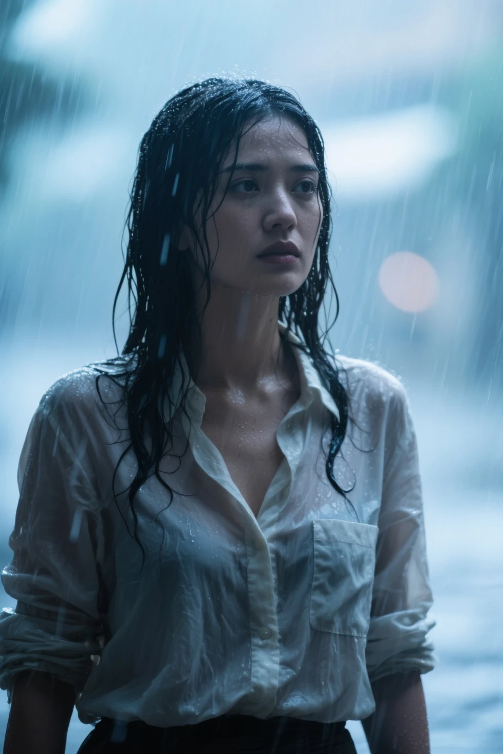 Best picture quality, masterpiece, ultra high resolution, (fidelity :1.4), photo, 1 girl,[(sadness)],white shirt, Dim, dark, desperate, pitying, pitiful, cinematic,tear,teardrop,(Torn clothes:1.5), (Wet clothes:1.4), bare shoulders,Real rain,wet hair,..