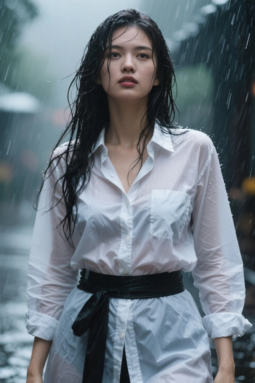 1girl, long black hair, uniform, shy, blush, wet, rain, transparent, (masterpiece, best quality), soft light, cinematic composition, cinematic light