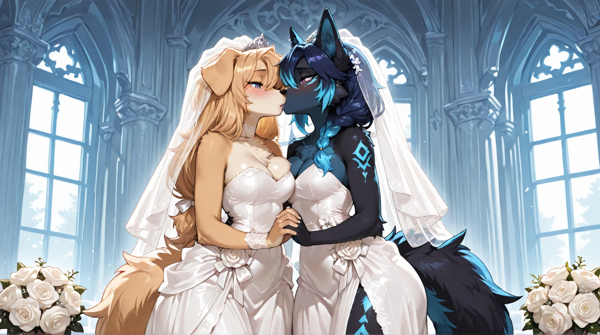 Top quality, ultra-fine illustrations (association, colorful stained glass with shimmering light, wedding isle with jewel-like lamps) (beautiful face and eyes in great detail) Absurd perfect anatomy ((((Beastman)))) (Beastman husband in tuxedo, beastman wife in wedding dress, husband hugging his wife from behind, two people looking at each other with their hands on top of each other, wedding photo, Bouquet of beautiful flowers) (furry antro: 1.7) ((((furry body, animal facial features, animal body features))) (((animal muzzle, very detailed fur)))) full body, smile (dynamic pose),
