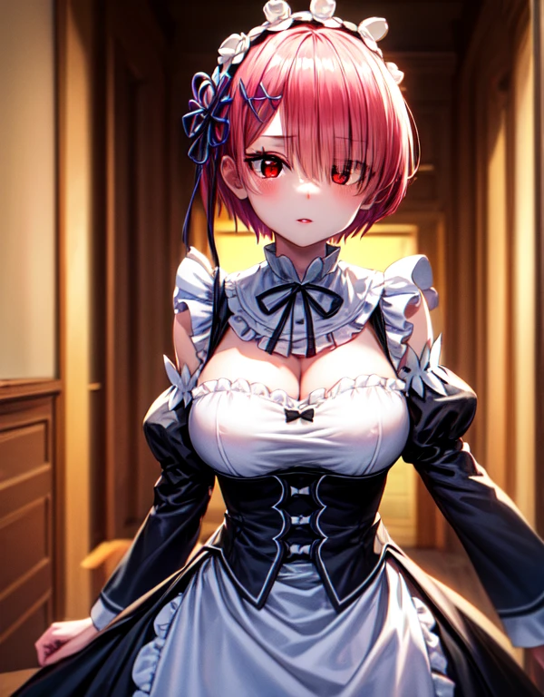 top-quality、tmasterpiece、Very high resolution、super high image quality、High-quality pixels)、perfect eyes, perfect face, perfect body figure,solo,8K,(Detailed description of hair), (Detailed description of face),(Detailed description of body), fair and clear skin, matchless beauty, long legged, pink hair details expressed, The details have been upgraded, braid, bangs, blue eyes, maid costume, bare shoulders, bow, sleveless, bowtie, maid hair band, hair ornament, asta(honkai star rail), large breasts, leadership