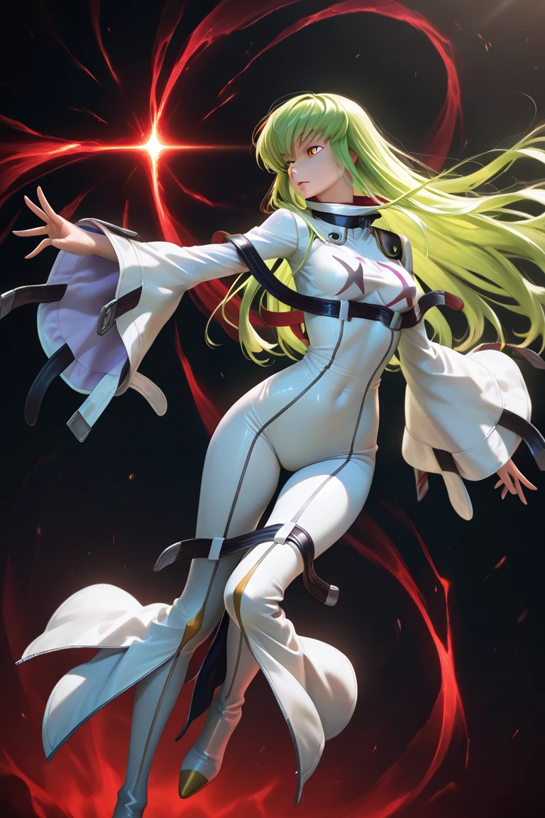 1girl, (solo:1.1),((Masterpiece)), very detailed, tan lines, dark skin, (big breasts), sexy body shape, slender body shape, Phoenix background, green hairs, curved hips, green eyes, white leggings, white and green bodysuit, white swimsuit, glowing effect, priest, healer, fantasy, gold ornament, full body view, beautiful toes, dynamic pose,ningguangdef, dynamic angle, walking, magical weapon in hand, high quality eyes, intense look