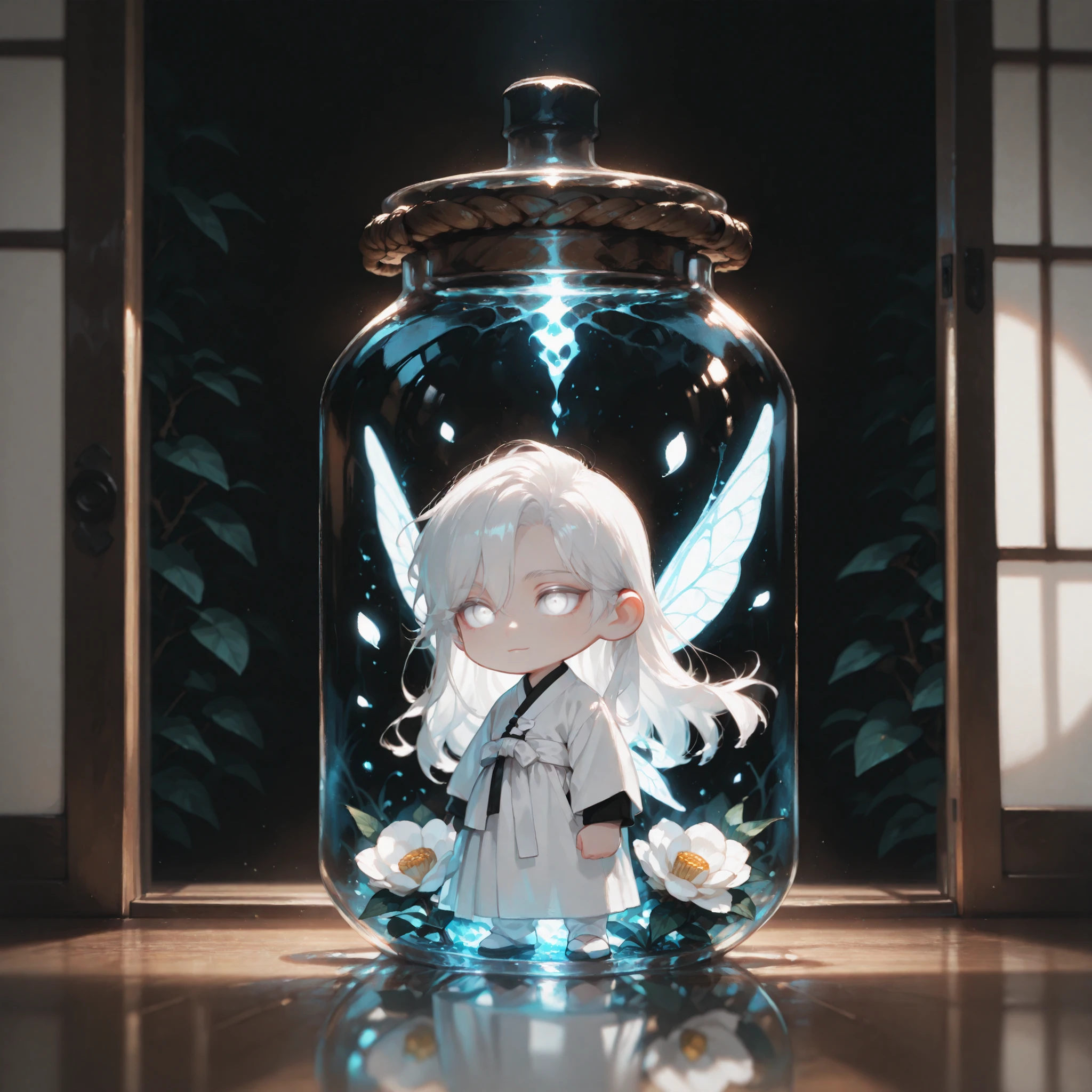 (masterpiece, high quality, ultra-detailed), chibi, solo, 1 boy, close-up, cinematic lighting, dramatic,
male fairy, handsome, long hair, hip-length hair, white hair, white eyes with black outlines, detailed eyes, soft smile, magically glowing wings, traditional korean male outfit, white hanbok with black point, white camellia,
Inside a sealed transparent round glass bottle, glowing liquid inside, Fairy in a bottle
Background is oriental sliding door