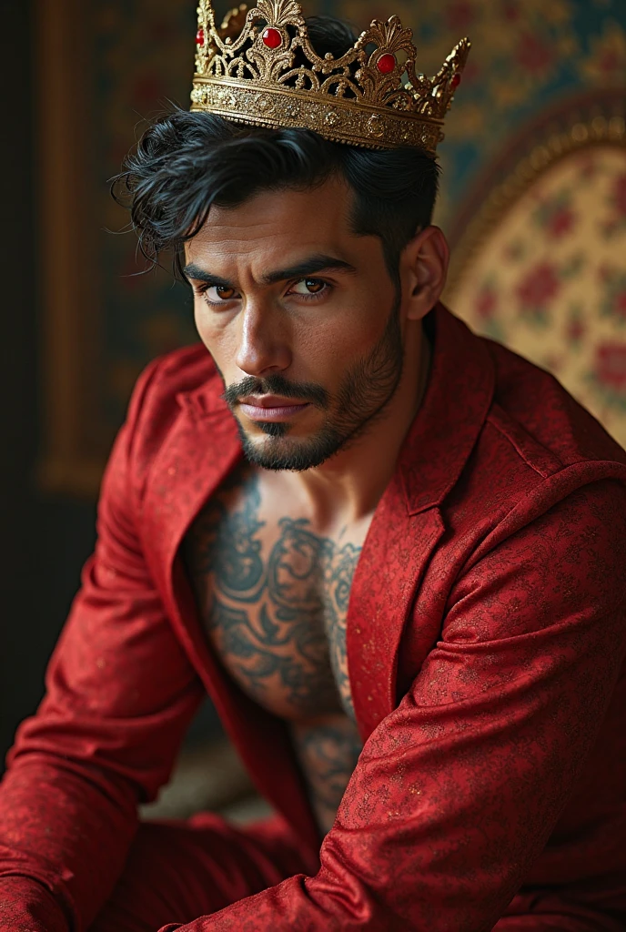((best quality)), ((masterpiece)), (detailed), perfect face Male Young golden half-dragon demon wizard, wearing red formal robes, serious face with a smile, athletic body, Brown skin, dragon wings in his back, inside a luxurious room, lying on a bed half naked,  magic energy aura around his , long hair brown, Gold scales in his body, HD image.    