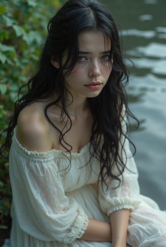 Black hair, blue eyes, delicate facial features, Woman 37 years old, full lips, commoner, peasant, tradeswoman
