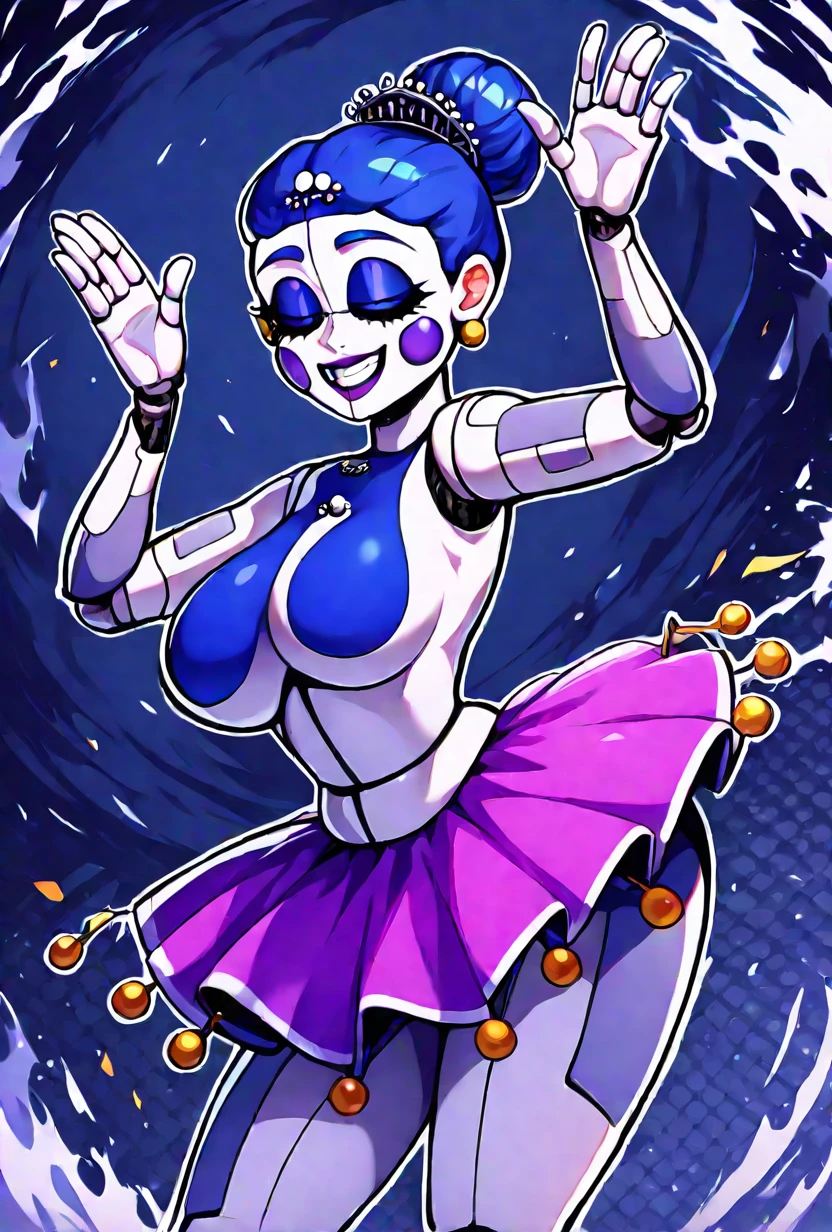 score_9, score_8_up, score_7_up, score_6_up, source_anime, depth of field,
detailed background, atmospheric lighting, cinematic lighting, simple background,
1girl, solo, ballora, robot, ballerina, blue hair, hair bun, breasts, purple skirt, (eyes shut), wide hips, smile, arched back, dancer, arms up, standing, 
<lora:Ballora_FNAF_-_Pony_XL:1>