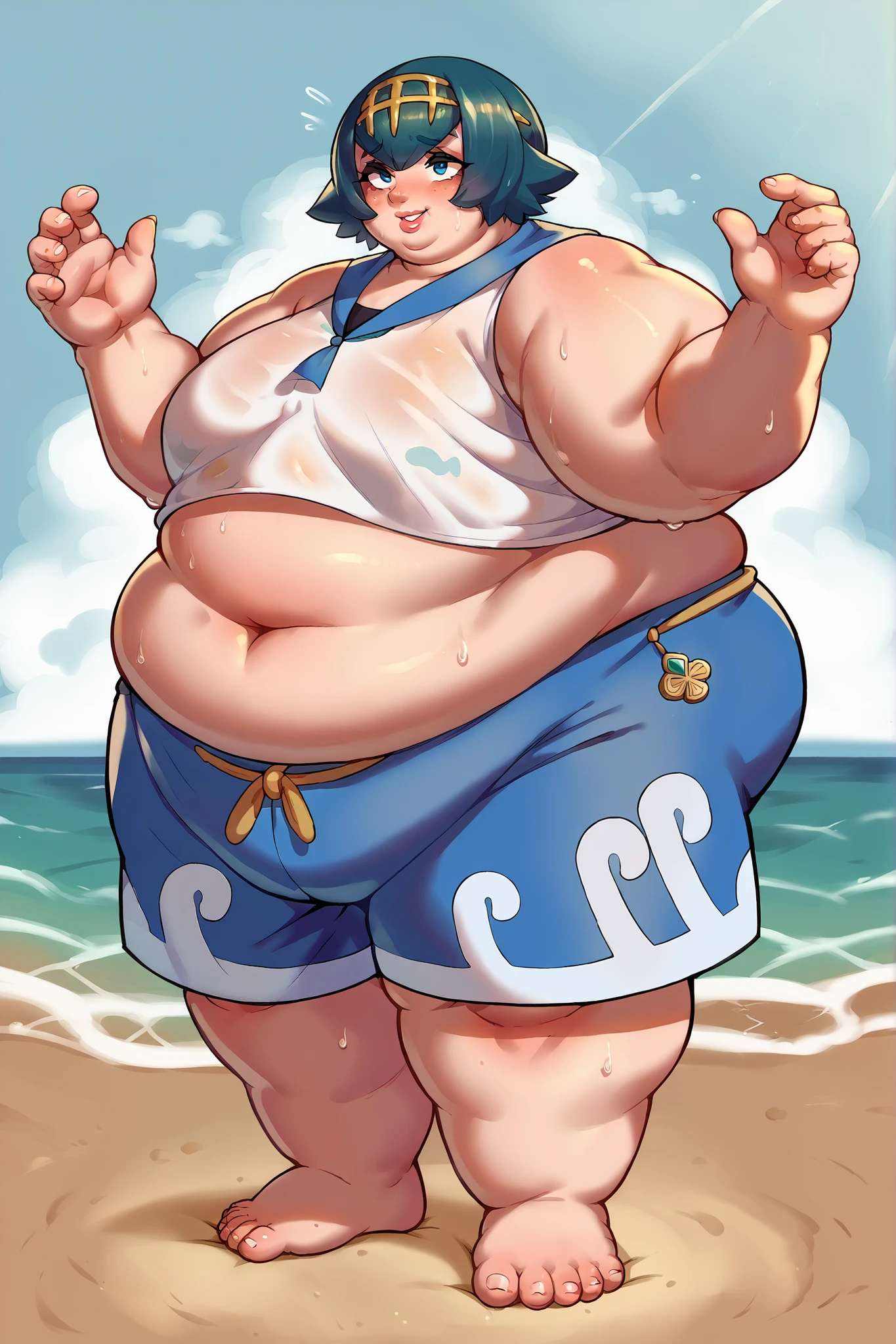 Score_9, Score_8_up, score_7_up, score_6_up, solo, 1lana1, blue hair, short hair, blue eyes, 2default2, yellow hairband, swimsuit under clothes, white shirt, sleeveless shirt, sailor collar, blue pants, baggy pants, cowboy shot, smile, beach, wave pattern pants, giant hands, giant feet, fat, chubby, obese, gigantic arms and legs, gigantic breasts, sagging breasts, full body shot, fat face, chubby face, double chins, big lips, swollen lips, sweating, sweat stains, steam clouds, grease stains, flustered, swollen face, Fat_neck , Fat head , eyes with crushed cheeks , nose with crushed cheeks , mouth with crushed cheeks , chin roll,