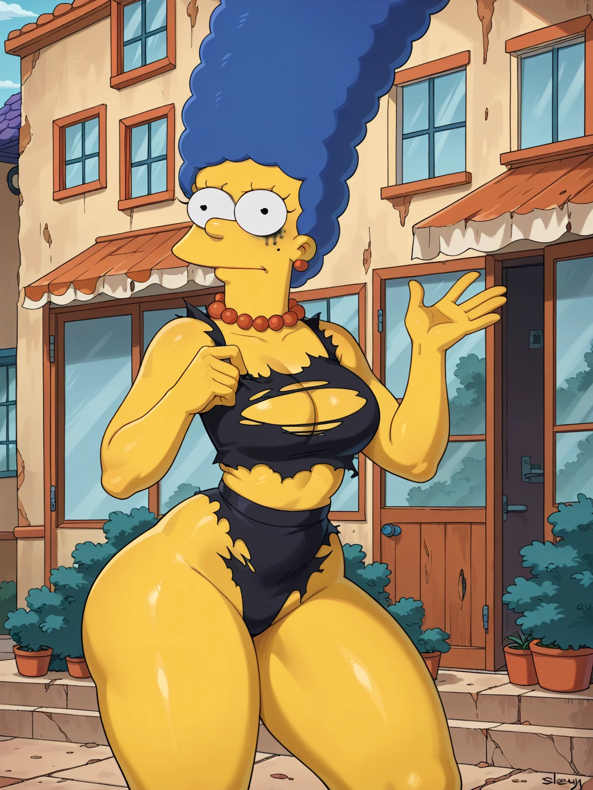 high resolution, Marge Simpson, work of art, 1 girl, ((booba)), (angry face) , hair blue, long hair,Broad Hips, thick thight, giant breasts, green t-shirt, huge round ass, yellow skin, niplles, close up, curving, How
