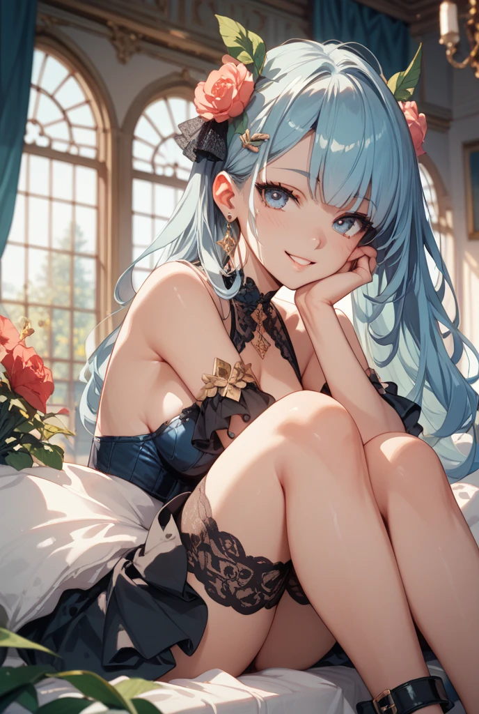 ((8k, Highest quality, masterpiece: 1.3)),Ultra-high resolution,(1 girl, alone), (Color changing eyes, Ultra-detailed, Expressive brilliance, Glitter, Glowing Eyes), Highly detailed eyes, Highly detailed face, Random Hair, ((pastel colour)),A sultry young woman with pastel blue hair styled into loose waves, sitting on the edge of her bed in her softly lit bedroom during a quiet evening. She is dressed in a seductive burlesque dancer cosplay, wearing a corset with intricate lace detailing, a feathered headpiece, and fishnet stockings. The camera captures her from a low angle as she crosses her legs provocatively, her expression confident and alluring. The room is dimly lit by a few candles placed around, creating a warm, intimate atmosphere with luxurious drapes and a vintage vanity in the background.
