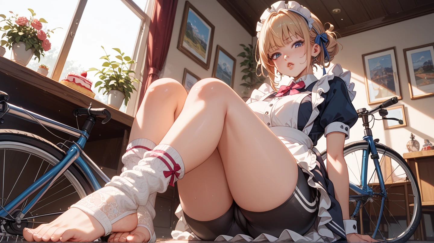 (footjob), Masterpiece、Highest quality、Highest quality, (long and thin legs, shoes:1.2), Arm behind wrist, squat、Spread your legs、1 girl, (smile、Open your mouth大笑い:1.2), Cute eyes, (Detailed face:1.3)、Open your mouth, The whole face turns red, alone, Big and ample breasts, (Straight bangs, bowl cut), White maid outfit、Side bust、Underbust、belly button、Walking through the mansion'corridor、nsfw、shoes下