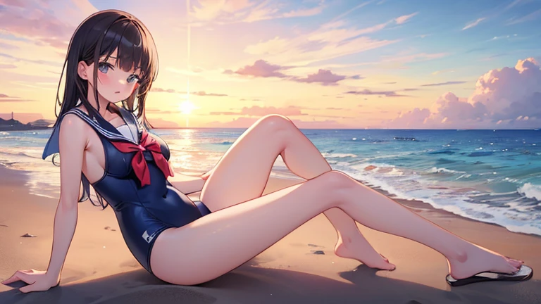 highest qualityr、mujer lindas、sentada en la playa、(((falda)))、(((Traje de marinero)))、mangas cortas、Tetas colosales、un ombligo、Mostrar bragas blancas、con las piernas desnudas、ojos azules、en las camas、Muslos encantadores、muslo brillante