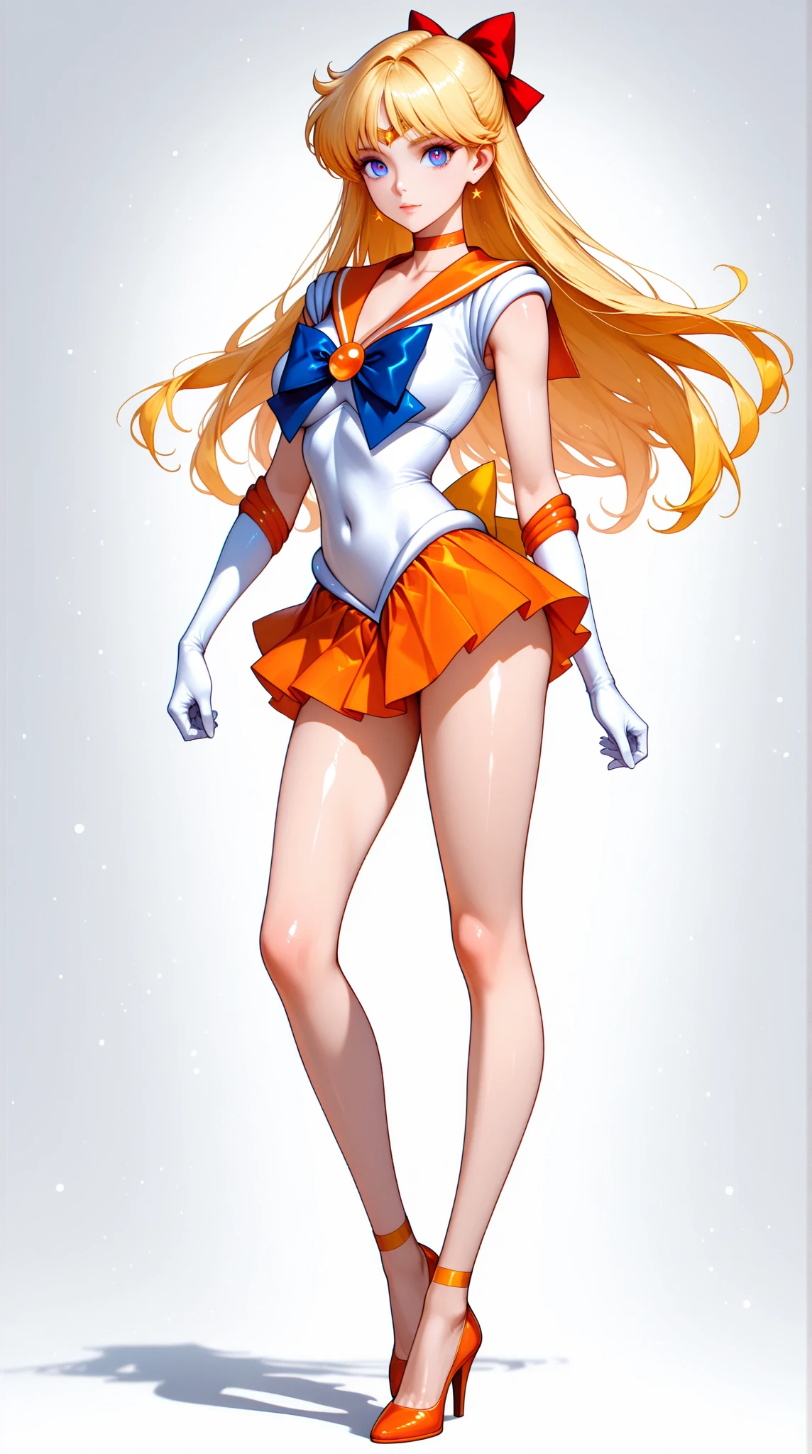 masutepiece, Best Quality, hight resolution, SV1, Sailor Senshi Uniform, Orange skirt, White shorts、elbow groves, tiarra, Pleated skirt, Miniskirt, White panty、Red bow, orangechoker, White Gloves, Jewelry, Starry sky, badass pose, slight smile, Portrait, floating, Moon, Upper body