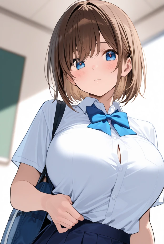 (best quality), (Super detailed), (Best Illustration), (nsfw), (1girl), look at viewer, upper body, (long sleeve, white serafuku), (clothes lift:1.3), (show off large breasts:1.2), (show off nipples:1.3), parted lips, blush, brown hair, (bob cut), curly hair, hairs between eyes, blue eyes, (school:1.3),