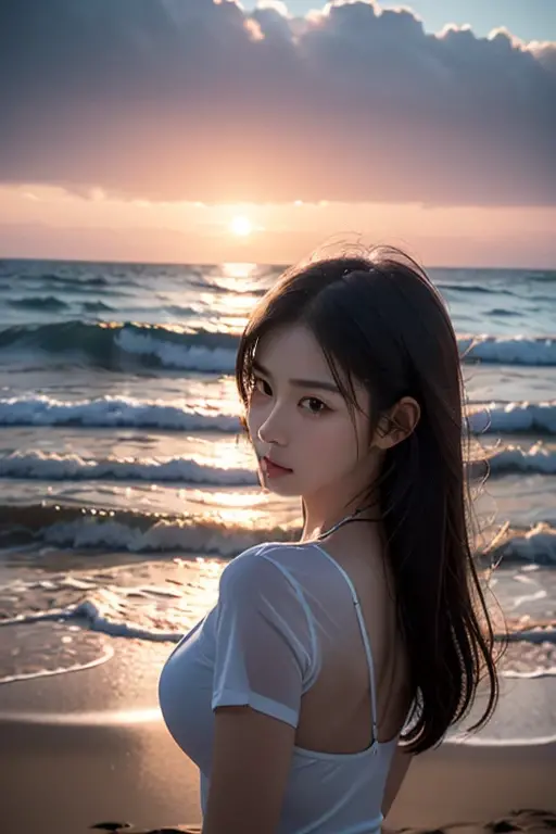 21yo girl, Arafad woman with long white hair sitting on the beach, Portrait of Korean female idol, 