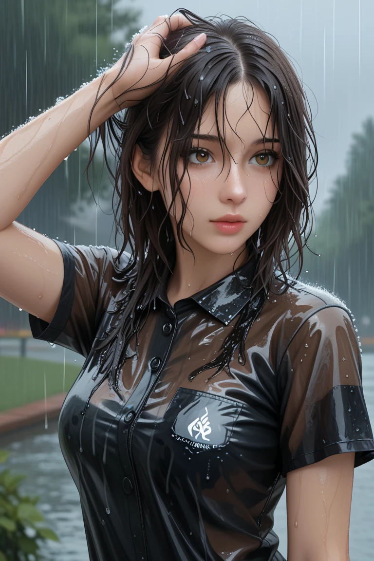 Sexy pink Shark Girl wearing a black trench coat,(No humans),E7E48U,Wet body,rain, Background grassland