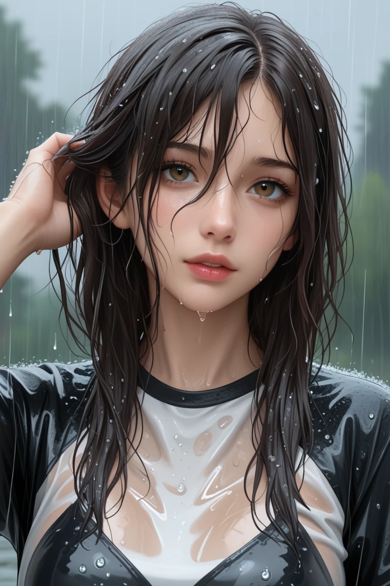 (Best quality, 4K, tmasterpiece :1.Pretty Women, 1 sister, (, attractive body :1.2), Abs :1.1, dark brown hair: 1.1, (rainy wet, wet from rain, Drenched :1.2), Very rich facial details, detailed lips, 詳細な目, 二重まぶた