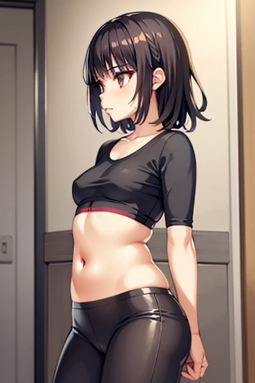 1 girl,Androgynous,Solo,medium hair,blackshirt,big breast,shirt overhang,navel,cowboy shot,looking at viewer,shortshorts,dark colored,best quality, very aesthetic, absurdres,Look Down,cool,From below,peek,underboob,pov,peek,nsfw,Areola slip