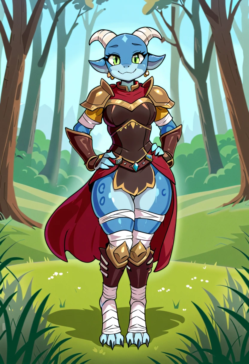 Kobold,worried expression,female, body armor,shortstack, big thighs, beautiful eyes,long eyelashes, sword on side, embarrassed, sitting on rock in a lush forest,looking at viewer, sharp focus,glistening armor