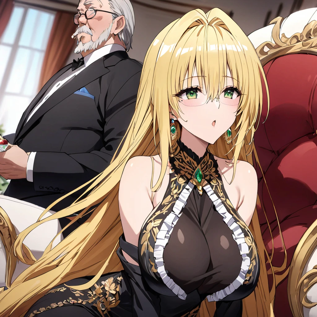 ((Highest quality)), ((masterpiece)), (detailed), （Perfect Face）、The woman is a thief with green eyes, medium-long blonde hair, and is wearing an expensive black skirt-type suit and an expensive white blouse.、A woman is undressing on a large, luxurious bed in a luxurious bedroom while being watched by a dignified older man、The man is a dignified, bearded old man, very wealthy and dressed in luxurious, flashy clothing.