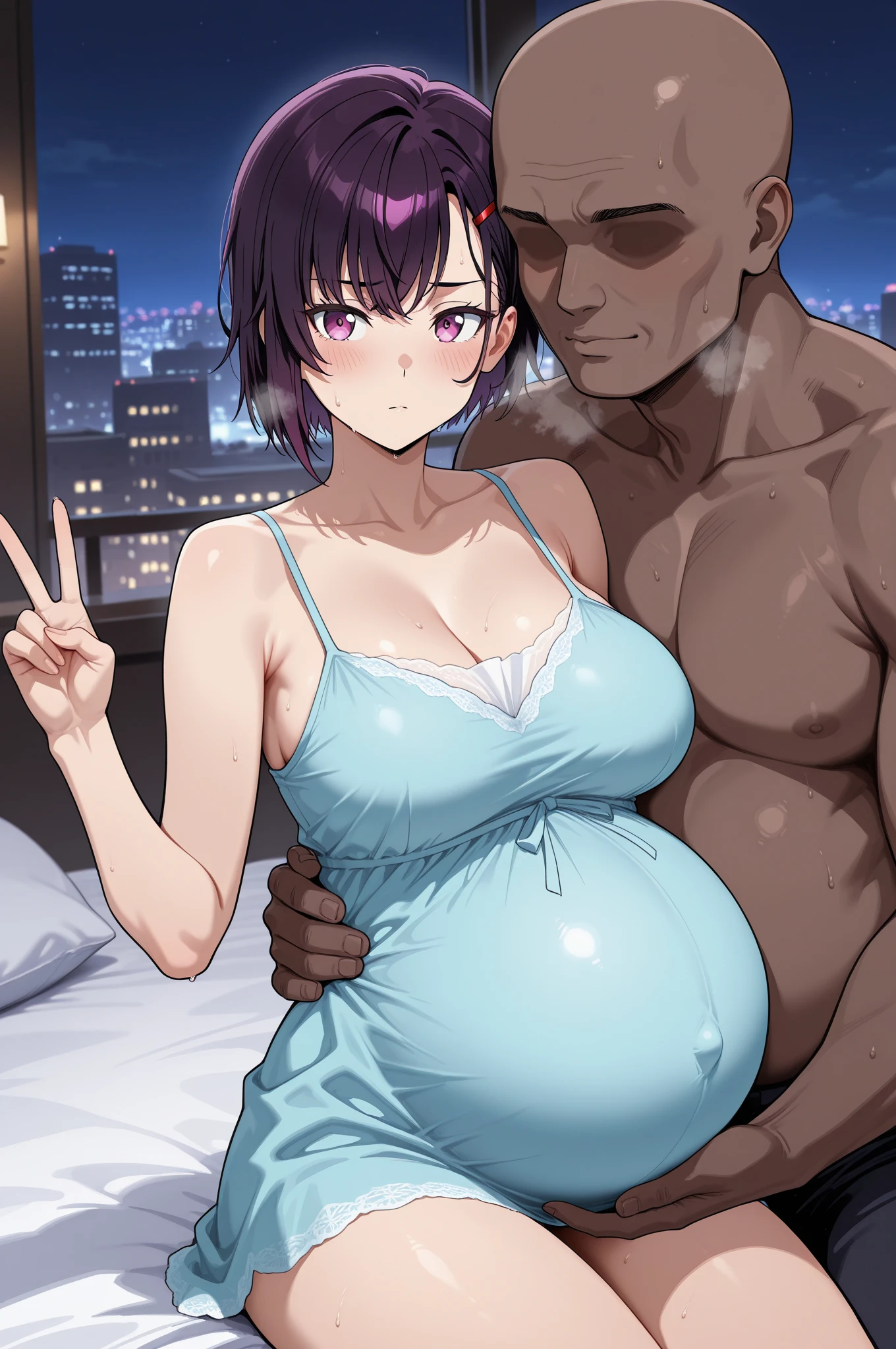 ((Highest quality)), ((masterpiece)), (detailed), (Perfect Face)、The woman is Princess Leona, naked with long light brown hair.、On a luxurious bed, the woman is snuggled up to a naked, dark-skinned black man with a look of comfort on her face as she holds a black baby.、The woman has long hair, dark nipples, milk is spurting from her dark nipples, and she is pregnant.